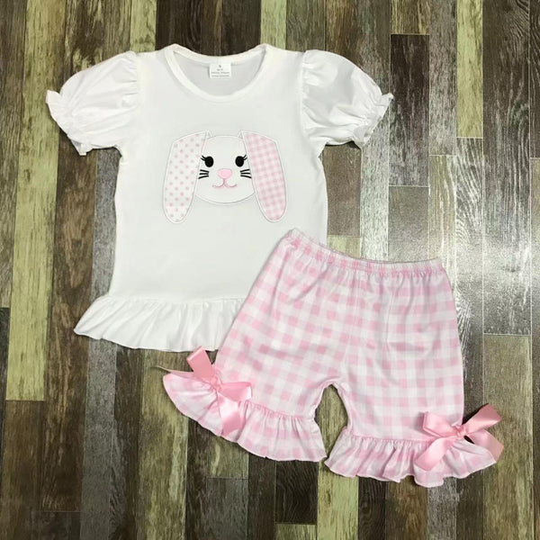 White Gingham Embroidered Easter Bunny Ruffle Shorts Outfit