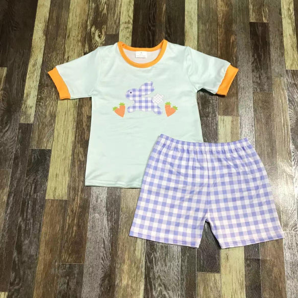 Blue Embroidered Gingham Easter Shorts Outfit