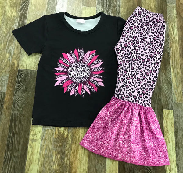 Pink Leopard Sunflower Glitter Flare Pants Outfit