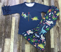 Blue Dino Christmas Flare Pants Outfit