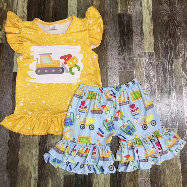 Yellow Splatter ABC School Ruffle Shorts Outfit