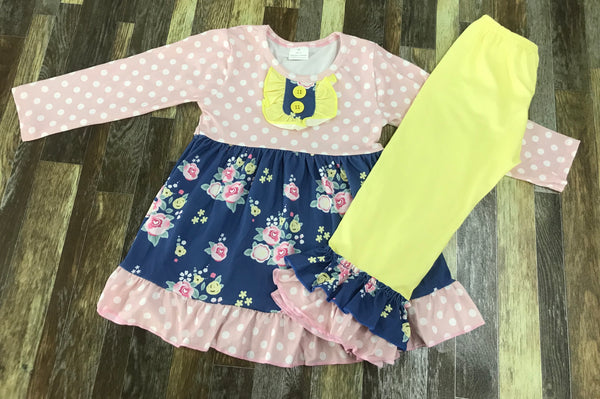 Pink Polka Dot Yellow Ruffle Pants Boutique Style Outfit