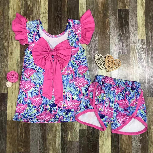 Inspired Flamingo Big Bow Pink and Blue Shorts Outfit