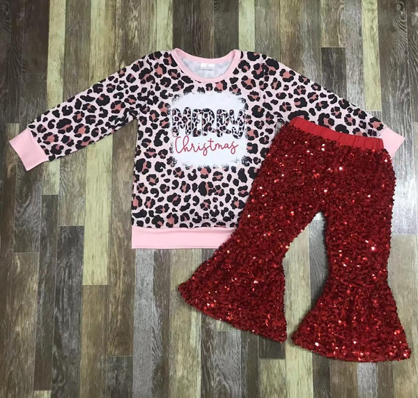 Pink Leopard Merry Christmas Glitter Flare Pants Outfit