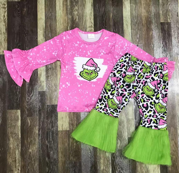 Pink Grinch Leopard Fur Flare Pants Outfit