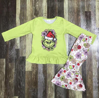 Grinch Green Floral Flare Pants Outfit