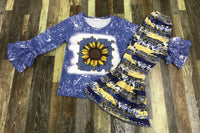 Navy Sunflower Honeycomb Flare Pants Outfit