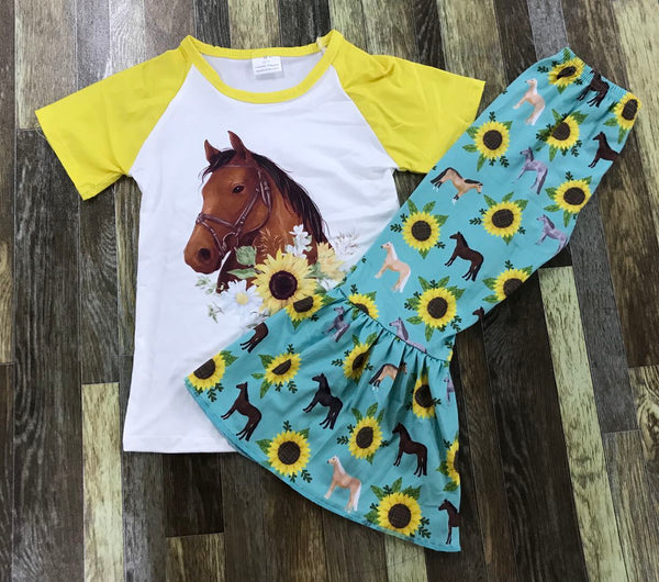 Horse Sunflower Flare Pants Outfit