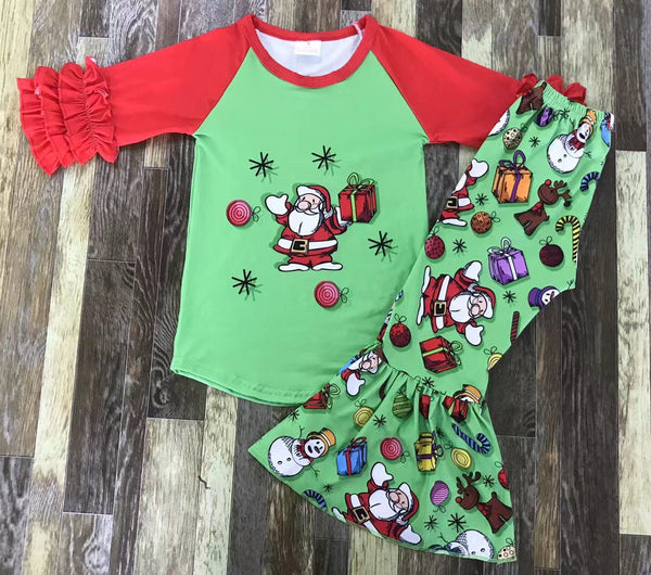 Santa Green and Red Christmas Flare Pants Outfit