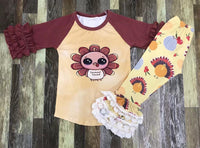 Thanksgiving Cartoon Turkey Lace Ruffle Pants Outfit