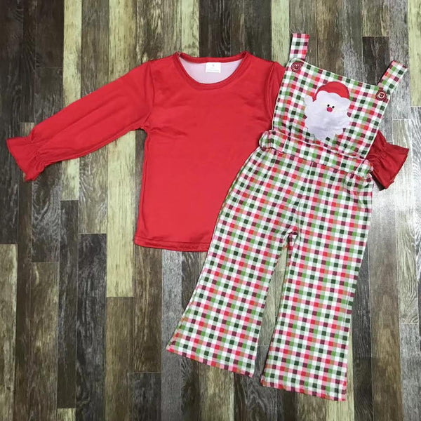 Plaid Santa Embroidered Christmas Overalls Outfit