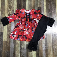 Red Floral Black Ruffle Pants Outfit