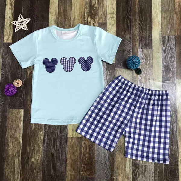 Mickey Embroidered Blue Gingham Shorts Outfit