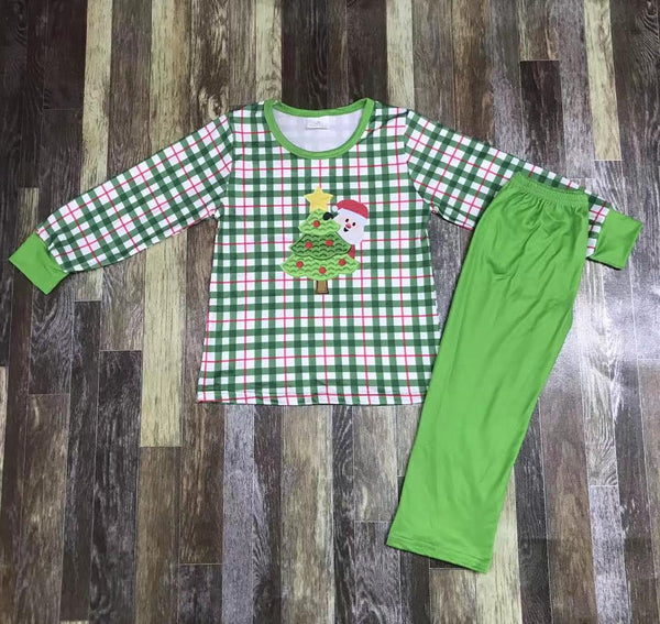 Santa’s Christmas Tree Plaid Embroidered Boutique Straight Pants Outfit
