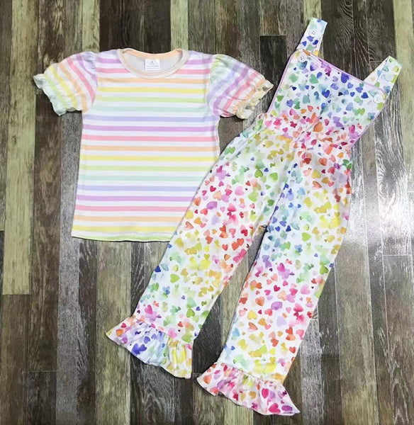 Striped Hearts Rainbow Overalls Outfit